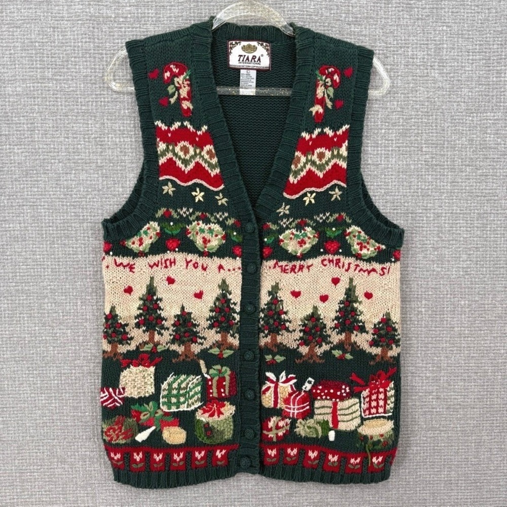 Vtg Tiara International Christmas Sweater Vest Womens L Merry Christmas Ugly